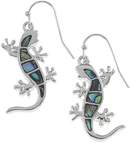 The Quirky Pagan Abalone Jewellery Gecko Lizard Earrings - Rhodium Plated Silver Hypoallergenic Ladies Earrings Gift