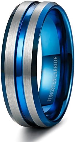 Tungary 8mm Tungsten Rings for Men Wedding Engagement Band Blue Grooved Brushed Size 8