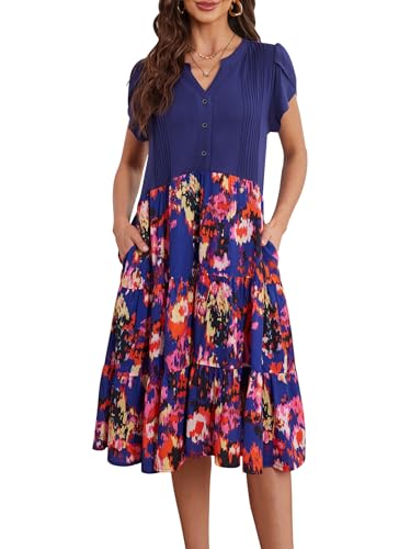Fashionme Womens Summer Dresses Casual Floral Boho Midi A Line Elegant Flowy Sundress Beach Vacation Church Short Sleeve with Pockets Tiered Patchwork V Neck Button Down Pleated T Shirt Modest Dress at Amazon