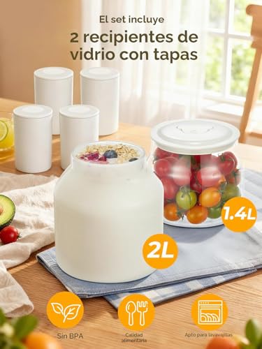 FOHERE Yogurt Maker with 2 XXL Jars Capacity 2000 ml and 1400 ml, 4 x 125 ml Cups and Lid, 8 Preset Programs, LCD Display, Timer, Power 20 W, BPA-Free