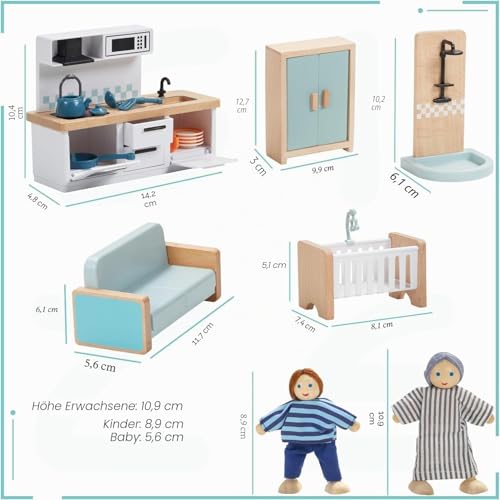 Giant bean Dollhouse Furniture Wooden Set, 36 Pieces Furniture with 4 Family Dolls, Doll Accessories, Toy for Boys, Girls and Toddlers 3+ Years