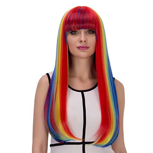 Fashion Rainbow Long Straight Full Bangs Lolita Cosplay Wigs for Women