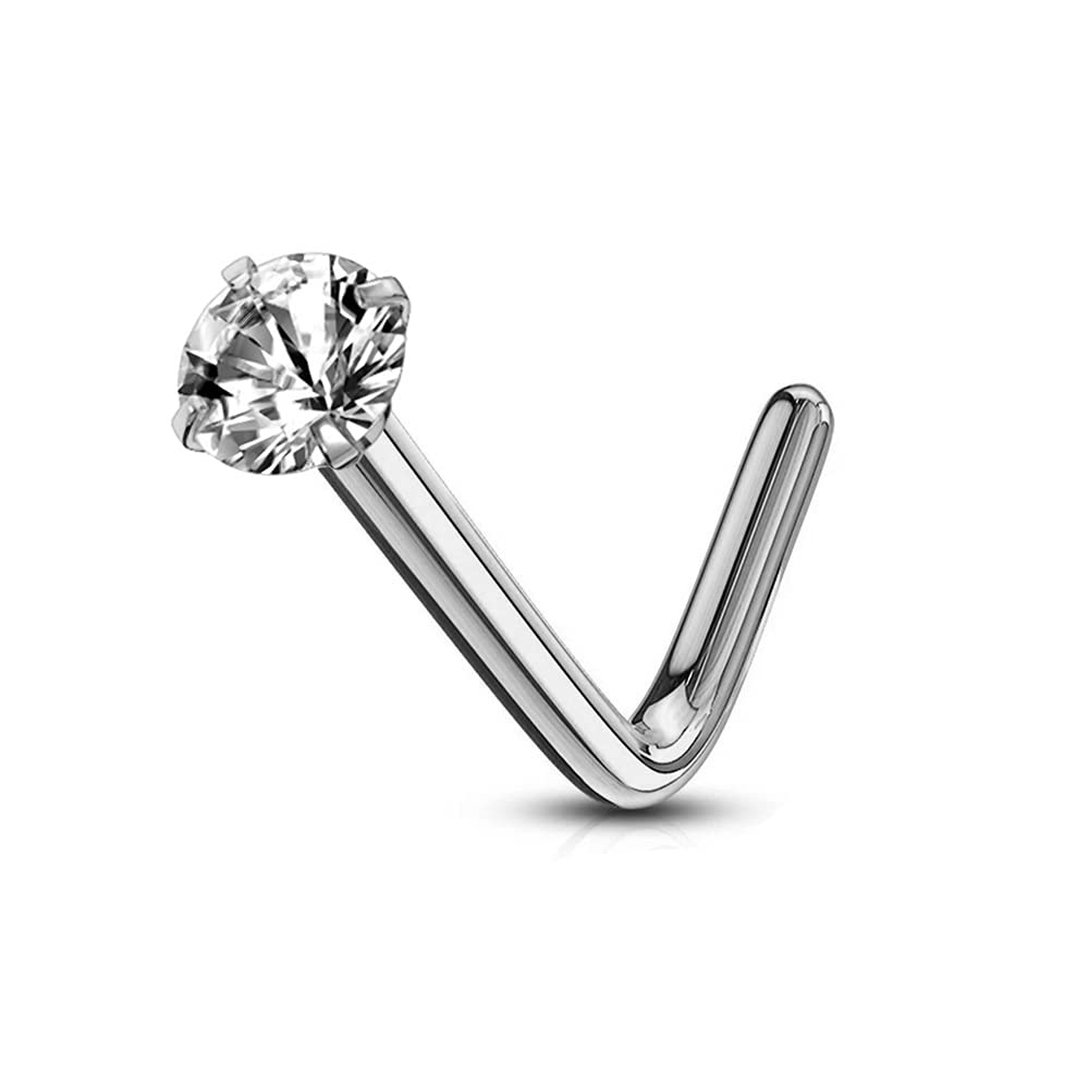AZARIO LONDON Claw Set 3MM Round CZ Stone 20 Gauge 316L Surgical Steel L Shape Nose Stud Piercing Jewellery