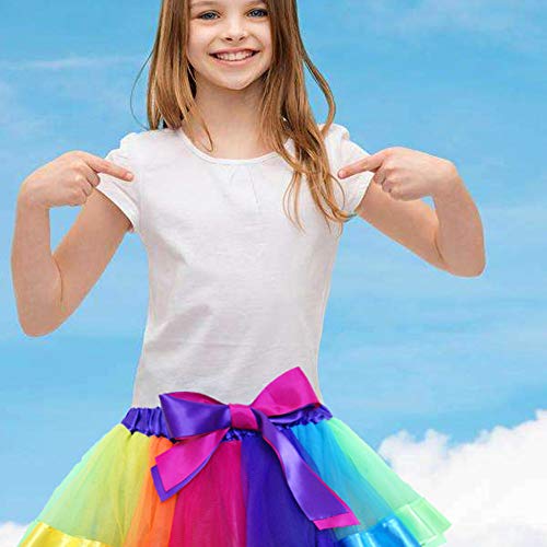 Layered Skirt Girls' Mini Rainbow Tutu Skirt Bow Dance Dress Colorful Ruffle Tiered Tulle (S/ 0-2 Years, A)