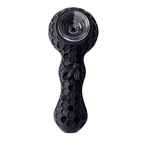 Unbreakable Honey Silicone Straw Pipe with Cleaner Cover and Decorative Bowl Interior (Black)