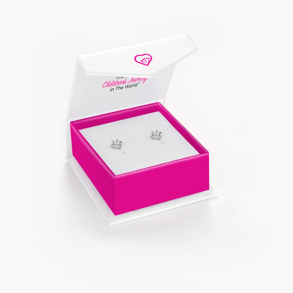 925 Sterling Silver Kids Earrings with 5mm Flower & Screw Backs for Young Girls - Dainty CZ Flower Screw Backs for Toddlers and Little Girls - Cubic Zirconia Floral Studs for Children