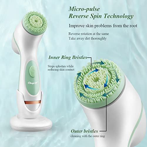 CkeyiN Facial Cleansing Brush, 3 In 1 Waterproof Face Wash Brush, USB Rechargeable Spin Silicone Facial Brush with 3 Different Brush Heads for Deep Cleaning, Massaging, Exfoliating