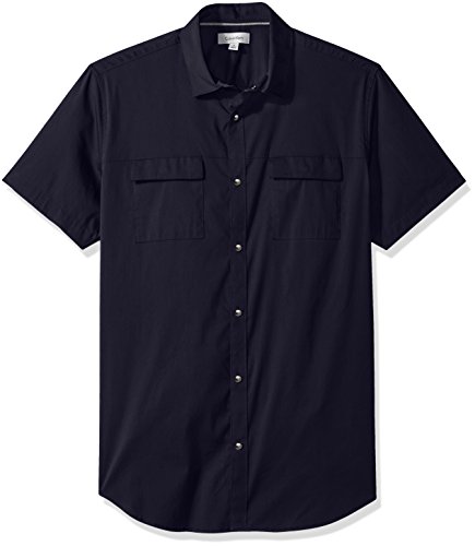 Calvin Klein Men's Short Sleeve Stretch Poplin Military Button Down Shirt