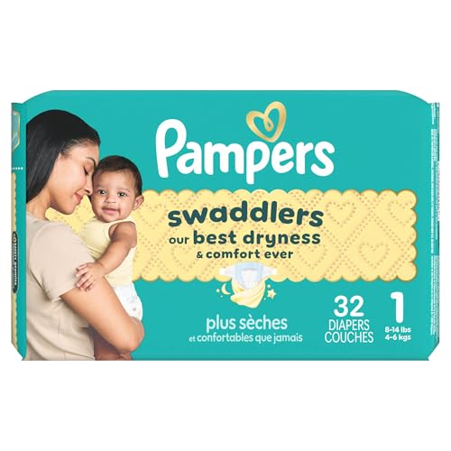 PAMPERS SWADDLERS DIAPERS, SIZE 1 (8-14 LBS), 32 COUNT, ABSORBENT, KEEPS BABY DRY AND COMFORTABLE, SKIN SAFE DISPOSABLE BABY DIAPER (PACKAGING MAY VARY)