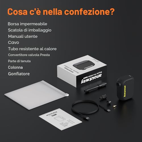 anoutway Tiny E-Pump pompa per bicicletta, mini pompa per pneumatici da bicicletta portatile, spegnimento automatico, pompa per bicicletta elettrica MAX 120 PSI per valvola Schrader e Presta AT1