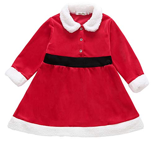 Kid Toddler Baby Girl Christmas Dress Santa Claus Clothes Long Sleeve VelvetÂ Ruffle Costume (Red, 12-18 Months)