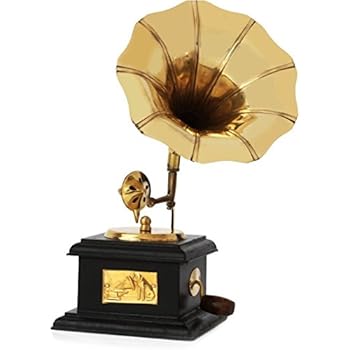 Purpledip Handcrafted Brass Vintage Miniature Wooden Gramophone Showpiece Memorabilia Souvenir for Hotels Restaurants Home(10736)