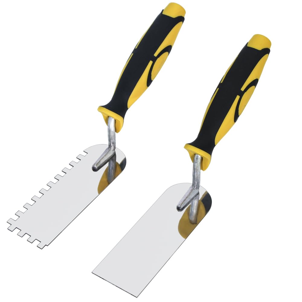 Photo 1 of Concrete Tile Tools Set Stainless Steel Flat Plus Square-Notched Margin Trowel (Notch Size: 1/4", Overall Size 6" x 2") Stucco Cement Finishing Drywall Plastering Kit Masonry Construction Hand Tool