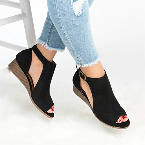 PiePieBuy Women's Cut Out Espadrille Platform Wedge Sandals Ankle Strap Peep Toe Suede Shoes - Thumbnail 3