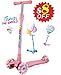 OUTON Kick Scooter for Kids 3 Wheel Lean to Steer Adjustable Height PU 4 LED Flasing Wheels Pink
