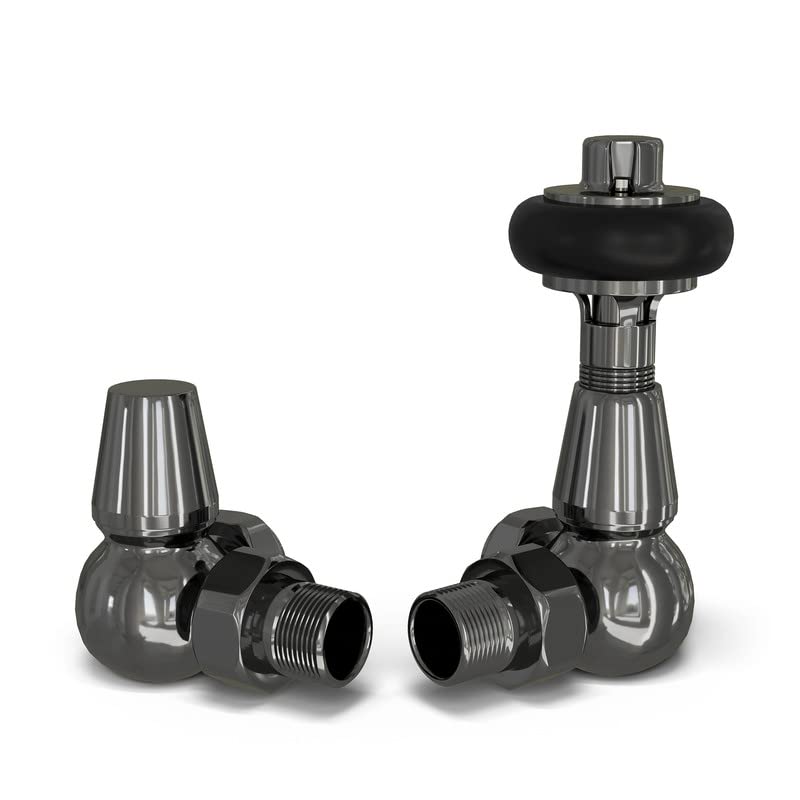 UK Radiators Black Nickel Thermostatic Radiator Valve and Corner Lockshield Valve - Polished Black Nickel Finish - Traditional Design 1/2" x 15mm Wooden Head Radiator Valve