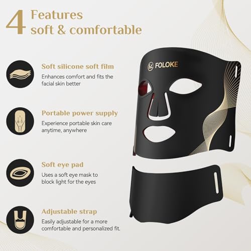 FOLOKE LED Light Therapy Mask Skin Care ， LEDs face mask & neck mask Red - Wavelength for Home Use, – Advanced Skincare Made Easy（Black）