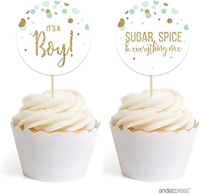 Andaz Press Mint Green Gold Glitter Boy Baby Shower Party Collection Round Cupcake Topper Diy Party Favors Kit 20 Pack