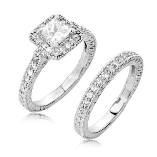 Sterling Silver Engagement Wedding Ring Set Princess Cut Cubic