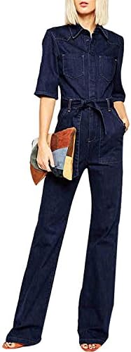 HaoDuoYi Womens Denim Button Down Wide Leg Jumpsuit with Tie
