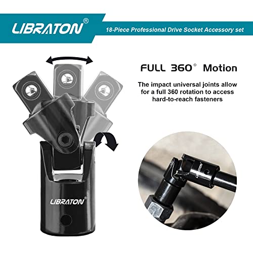 LIBRATON Ratchet Extension Set, Adapters and Sockets, 18PCS Socket Wrench Extensions, Reducers and Gimbals, Square Adapter to Hex 1/4 3/8 1/2