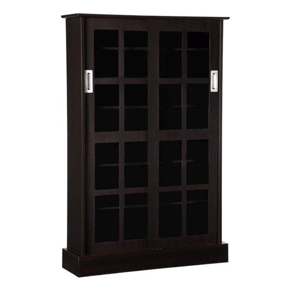 Photo 1 of Atlantic Windowpane Media Storage Cabinet with Tempered Glass Pane Styled Sliding Doors, Holds CD, DVD or Blu-ray Media, Collectables or Memorabilia, PN 94835721 in Espresso