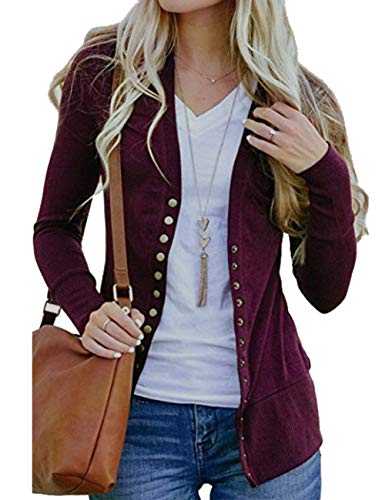 Weilim Women's V-Neck Button Down Knitwear Long Sleeve Casual Cardigans Sweater WineRed L