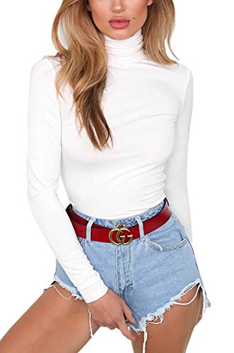 LOVFEE Women Basic Cotton Slim Fit Long Sleeve Soft Turtleneck T Shirt Tops(White/M)