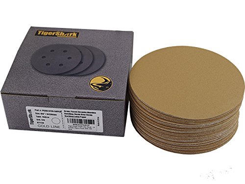 6 Inch Sanding Discs No Hole Grit 120 50pcs Pack Special Anti Clog Coating Tigershark Paper Gold Line Hook and Loop Velcro Dual Action Air Random Orbital Sander Paper Medium