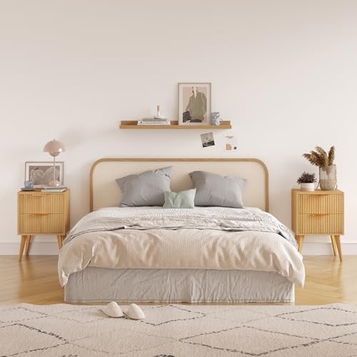 YAUKOMEL Nightstand with 2 Drawers,Fluted Bedside Table,Natural Wood Night Stand,Light Wood Side Table with Solid Wood Legs,End Table for Living Room,Bedroom,Small Space Natural CAACTG55Y