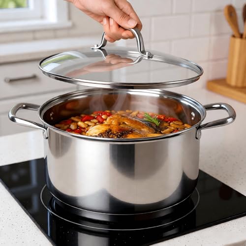 LEUGWAKN 10 Quart Stock Pot, Stainless Steel Pot with Lid for Induction | Premium 10 quart stainless steel cookware. Heavy duty large cooking pot with lid for soup, pasta, stew. Induction pot