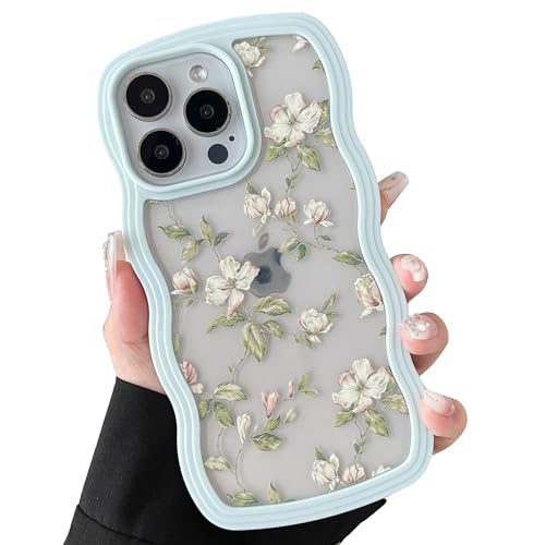 ZTOFERA Wavy Case for iPhone 14 Pro (6.1"), Cute Clear Protective Case with Floral Leaves Pattern, Hard PC Colored Wave Frame Soft Silicone Bumper Shockproof Cover for Girls Women, Mint Green