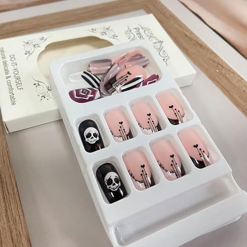 Halloween Press on Nails Square Short Fake Nails French Tip False Nails With Heart Skull Swirls Designs Full Cover Stick on Nails Acrylic Reusable Artificial Nails for Women Glue on Nails 24Pcs - Image 3