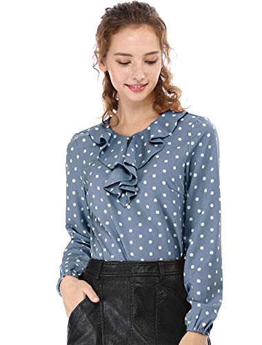 Allegra K Women's Ruffle Neck Long Sleeve Vintage Polka Dots Tunics Blouse Shirt Blue Gray XS (US 2)