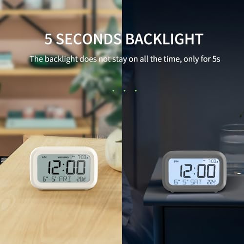 DOOMAY Digital Alarm Clock Bedside - Battery Powered Clock with LCD Display Volume Adjustable Snooze and Weekend Mode for Bedroom Office Desk Travel (White)