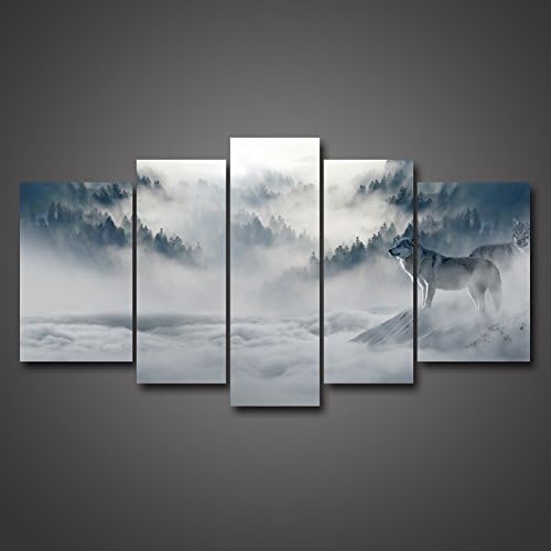 uLinked Art 5 Panel Wall Art Painting Black And White Watchful Wolf In The Wild Forest Prints On Canvas The Picture Animal Home Modern Decoration Print Decor By Size Of 40x60cmx2, 30x70cmx2, 30x80cm