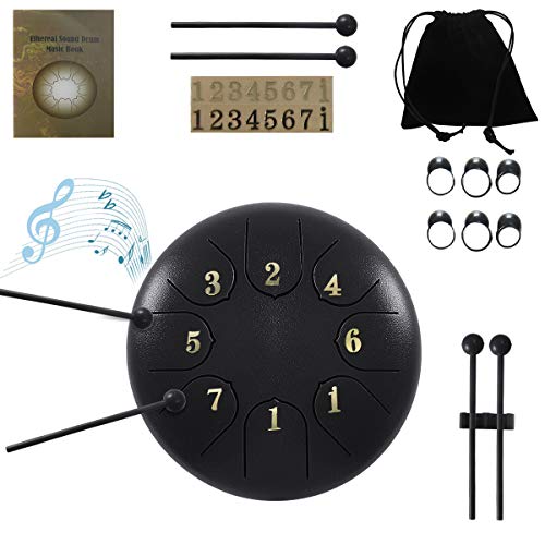 ZHRUNS Steel Tongue Drum - 8 tones 6 Inches-Percussion Instrument -Handpan Drum with Bag, Mallets, Finger Picks, Notes Stickers for Personal Meditation, Yoga, Zen (Black) - Thumbnail 7