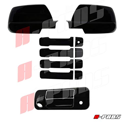 A-PADS Compatible with 2007 08 09 2010 11 12 2013 Toyota Tundra Crew MAX Black Gloss Full Mirror + 4 Door Handle + Tailgate with Back UP Camera Cover