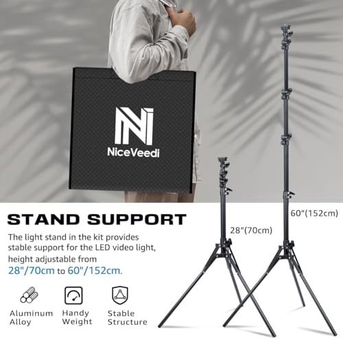 1-Pack LED Video Light Kit, NiceVeedi Photography Lighting Kit, 2800-6500K Dimmable Studio Light with Tripod Stand & Phone Holder, 73