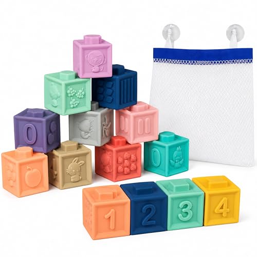 Blocos Sensoriais para Bebê 6M+ 12 Cubos Educativos para Empilhar | Números 0-9 e Símbolos Matemáticos – Brinquedo Didático com Texturas e Som