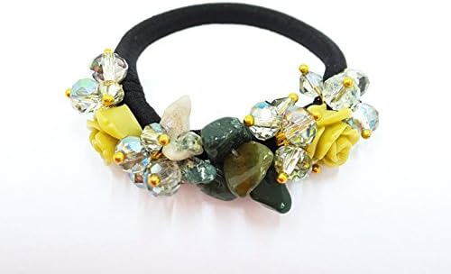 UNIQUE: HANDMADE - GREEN TONE WITH AVENTURINE GEMSTONE ELASTIC PONYTAIL HOLDER