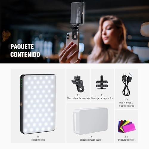 NEEWER Básico LED Selfie Luz Teléfono, Luz Relleno con Clip Recargable 2500-9000K, Películas en Color/Difusor/3000mAh, Luz Videoconferencia Regulable CRI95+ para iPhone Cámara Laptop Zoom Call,BL120B