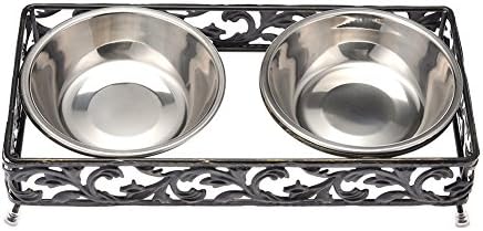 Awhao Lace Retro Pet Bowls Iron Frame Raised Stand Pet Double Bowls Pet Feeder for Dogs Rabbits Cats