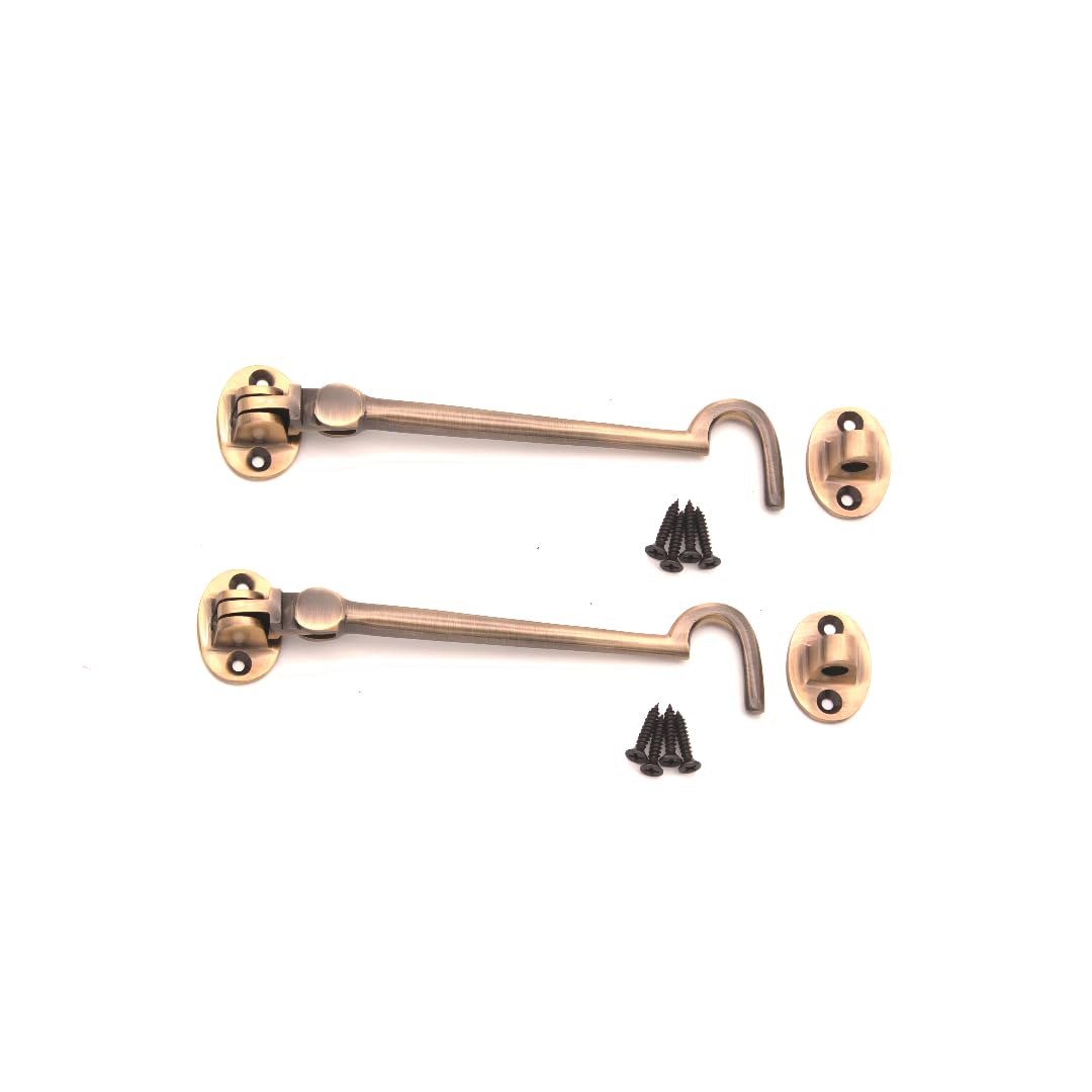 Infinity Decor Pack of 2 Cabin Hook and Eye Solid Brass - Silent Door Latch Lock for Window, Garden Gate, Door - 6" 150mm (Antique)