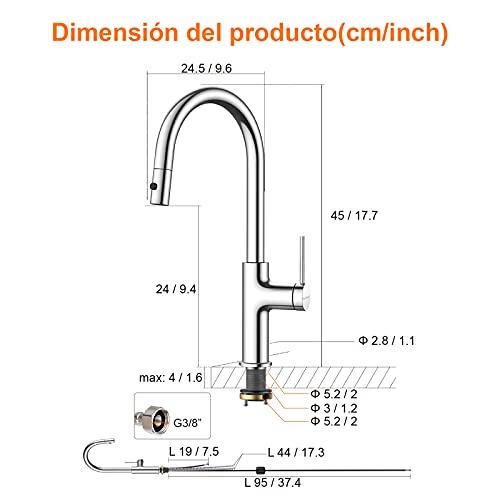 Grifos Cocina Fregadero, Grifo Cocina Extraible, Giratorio de 360 °, Caño Rociador Abatible de Acero Inoxidable 304, Grifo de Cocina con Ducha de 2 Modos de Rociado, Fría y Caliente Disponible