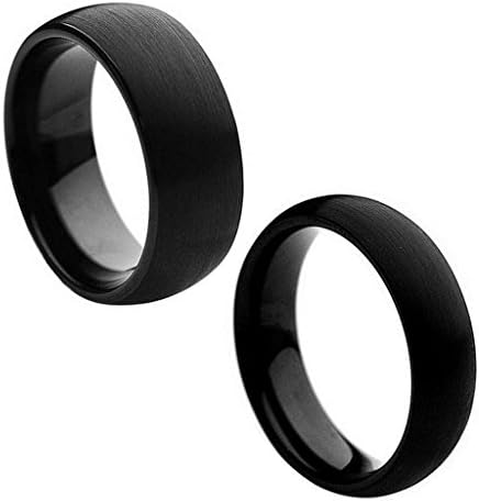 Wedding Band Ring Set For Him &amp; Her - 8MM/6MM Tungsten Carbide Classic Domed Black Enamel Brushed Finish Wedding Band Ring Set