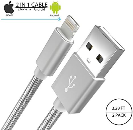 Lighting Cable Ptalor Iphone Charger Cable/micro USB Cable 2 In 1 With Sync Data Transfer For iPhone 6/6s/7/7 Plus/6 plus and usb charging for Samsung,LG,Android Smartphones (3.28FT/1M, Silver)