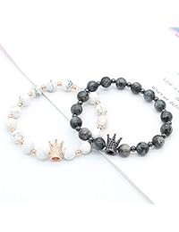 Gemfeel - Pulsera para parejas de labradorita negra y howlita blanca de 0.315 in para mujer y mujer de 0.315 in y 7,6 pulgadas + 7,2 pulgadas