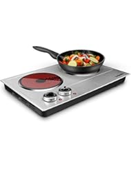 Cusimax 1800W Ceramic Electric Hot Plate for Cooking, Dual Control Infrared Cooktop, Portable Countertop Burner, Glass Plate Electric Cooktop, Silver, Stainless Steel