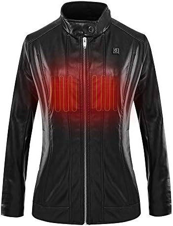 CLIMIX Women's Heated Leather Jacket Faux PU Leather Biker Motorcycle Coat with Battery Pack Black
